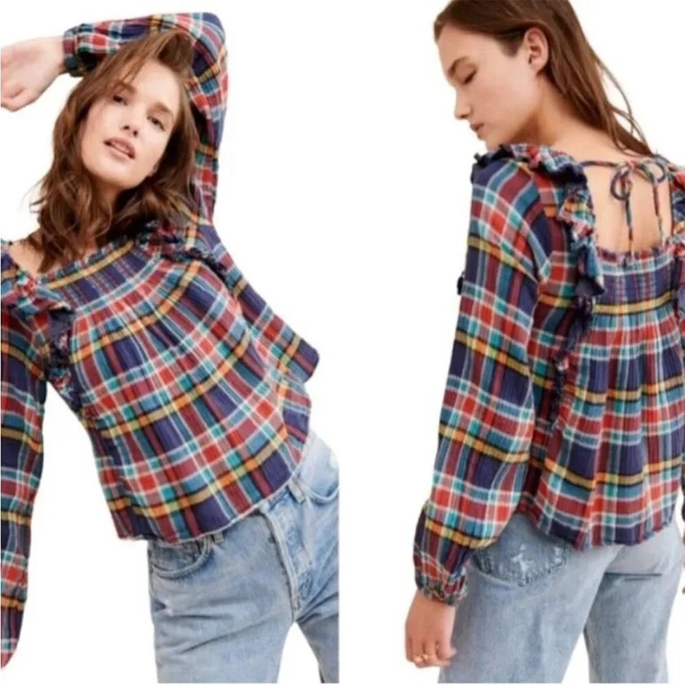 EUC Free People Multicolor Plaid Ruffle Blouse Small - Picture 4 of 12